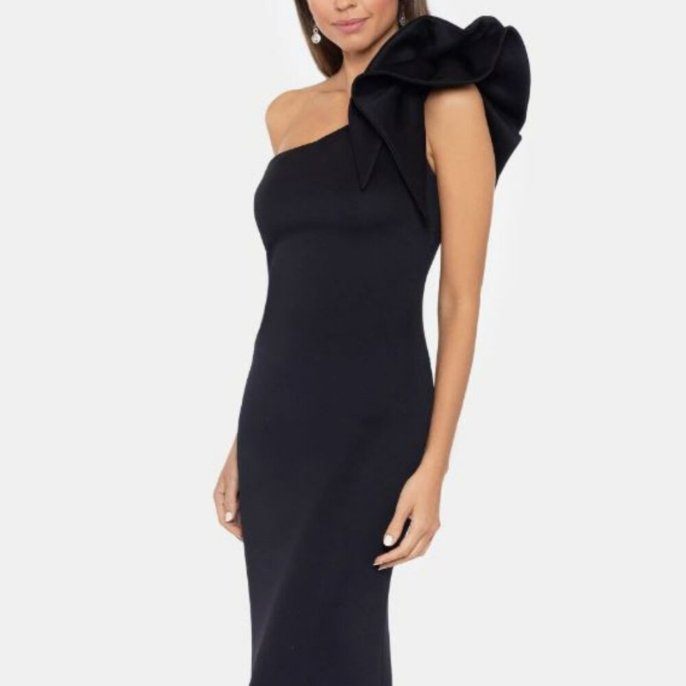 Betsy & Adam Ruffle One-Shoulder Trumpet Gown - Navy - Size 6